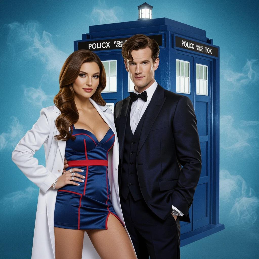 A couple stands in front of the TARDIS. The man wears a tuxedo. The woman wears a sexy blue dress under a white coat. The background is blue with smoke effects.