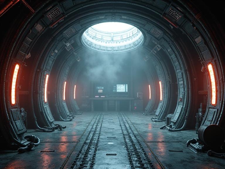 Dark atmospheric cinematic science fiction scene set in an alien ship. Interior features round bridge with dark silver metallic textures. Flexible metal pipes hang from the ceiling and floor. Organic oval panels and monitors are present. Thick silver metal wires adorn the walls. Steam and reddish orange LED lights create shadows and enhance the ambiance.