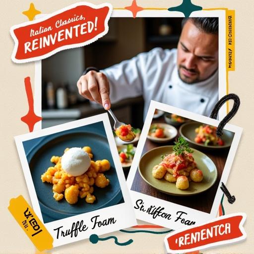 Showcase a chef focused on artistry plating saffron gnocchi topped with truffle foam. Highlight culinary innovation with scrapbook style, bold stickers, and vibrant colors to present food traditions reimagined. Incorporate playful doodles, handwritten text, and layered scrapbook elements for visual appeal and authenticity.