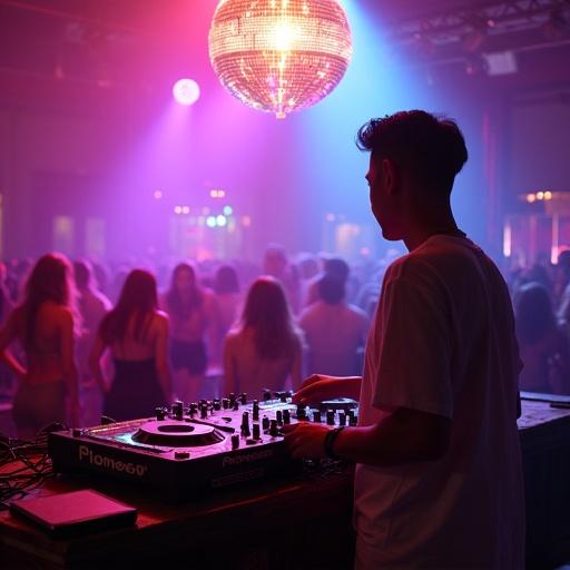 DJ performing with Pioneer CDJ Nexus 3000 inside a busy nightclub under a disco ball surrounded by attendees enjoying the vibrant atmosphere created by colorful LED lights.