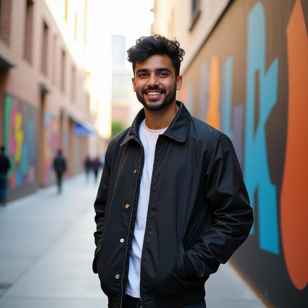 Individual stands in an urban alley with colorful graffiti. Stylish casual outfit. Vivid city architecture in the background.