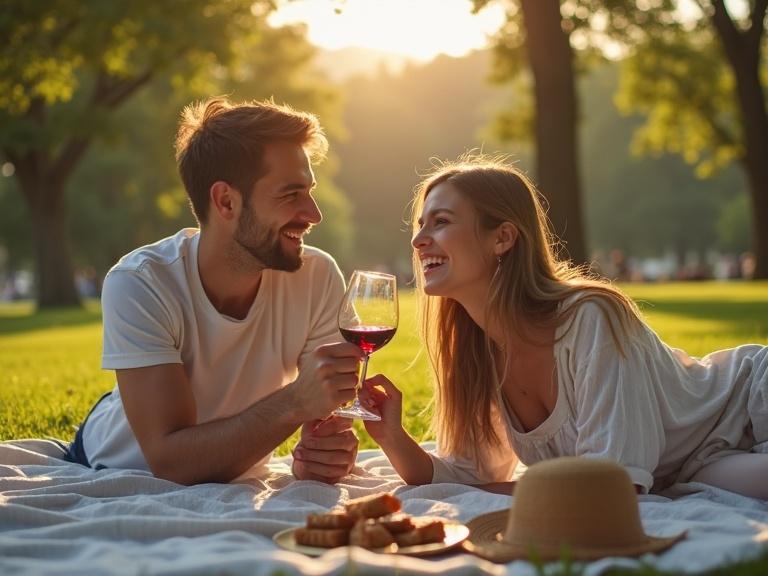 young couple enjoying a sunny day in a city park lounging on a picnic blanket with wine sharing KitKat