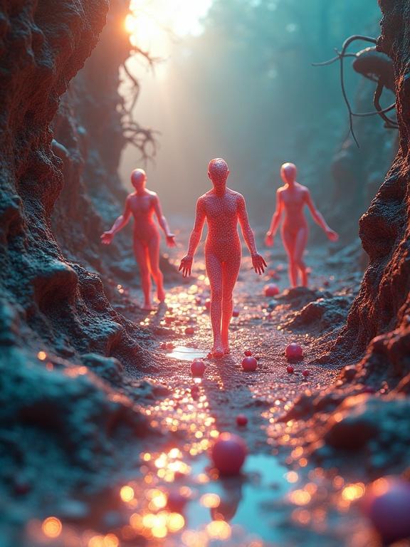 A surreal dream environment with abstract, translucent figures. Figures have hyper-detailed textures and subtle subsurface scattering. Bright colors illuminate the scene. Ground is cluttered with small objects like marbles and threads. Caustics shimmer across surfaces. Dolly zoom creates warped perspective. Low lighting emphasizes textures and shapes. Ultra-detailed imagery in 8K resolution.
