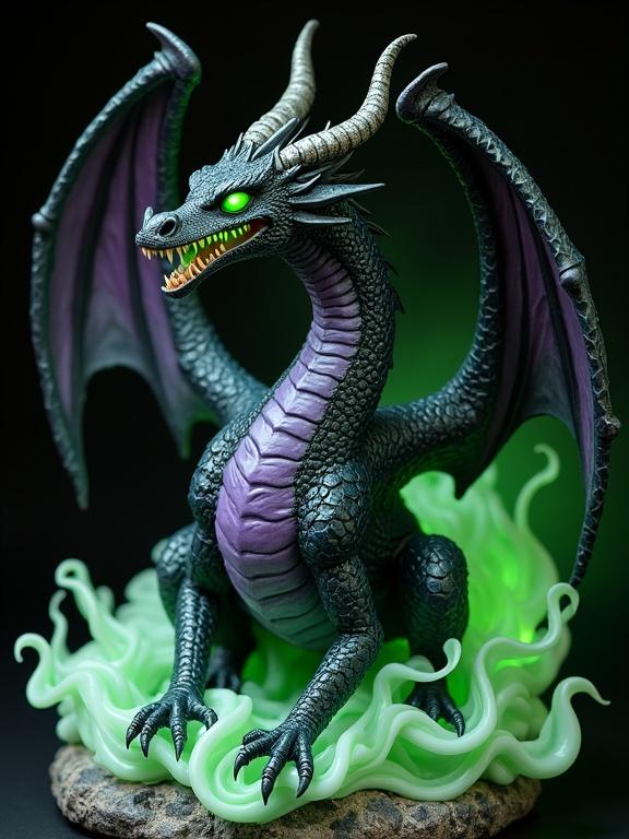 Realistic resin sculpture features dark dragon. Body is elongated and elegant. Dragon has curved horns, large wings. Glowing neon green eyes complement purple belly. Dragon emits green fire from open mouth. Enveloped in magical green smoke. Powerful and elegant stance curves body protectively. Neutral black background enhances figure. High-quality craftsmanship showcases scale texture. Ideal for pairing with dark sorceress.
