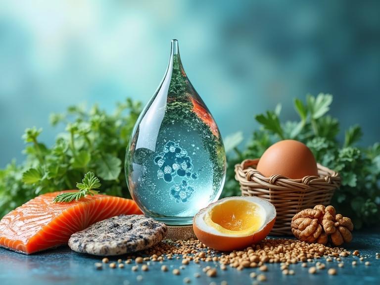 Vibrant organic composition of Omega-3 food sources. Central translucent droplet with omega-3 molecular structures. Surrounding food includes wild salmon fillet, deep-sea algae, walnuts, chia and flaxseeds, omega-3 enriched egg. Background in gradient ocean blue and forest green. Light rays highlighting textures.