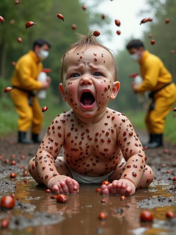 AI-generated hyper-realistic scene with a distressed baby in a muddy puddle. Baby covered in red ladybugs. Crying with wide-open eyes and mouth. Ladybugs crawling on skin and flying. Two rescue workers in yellow uniforms spraying insecticide.