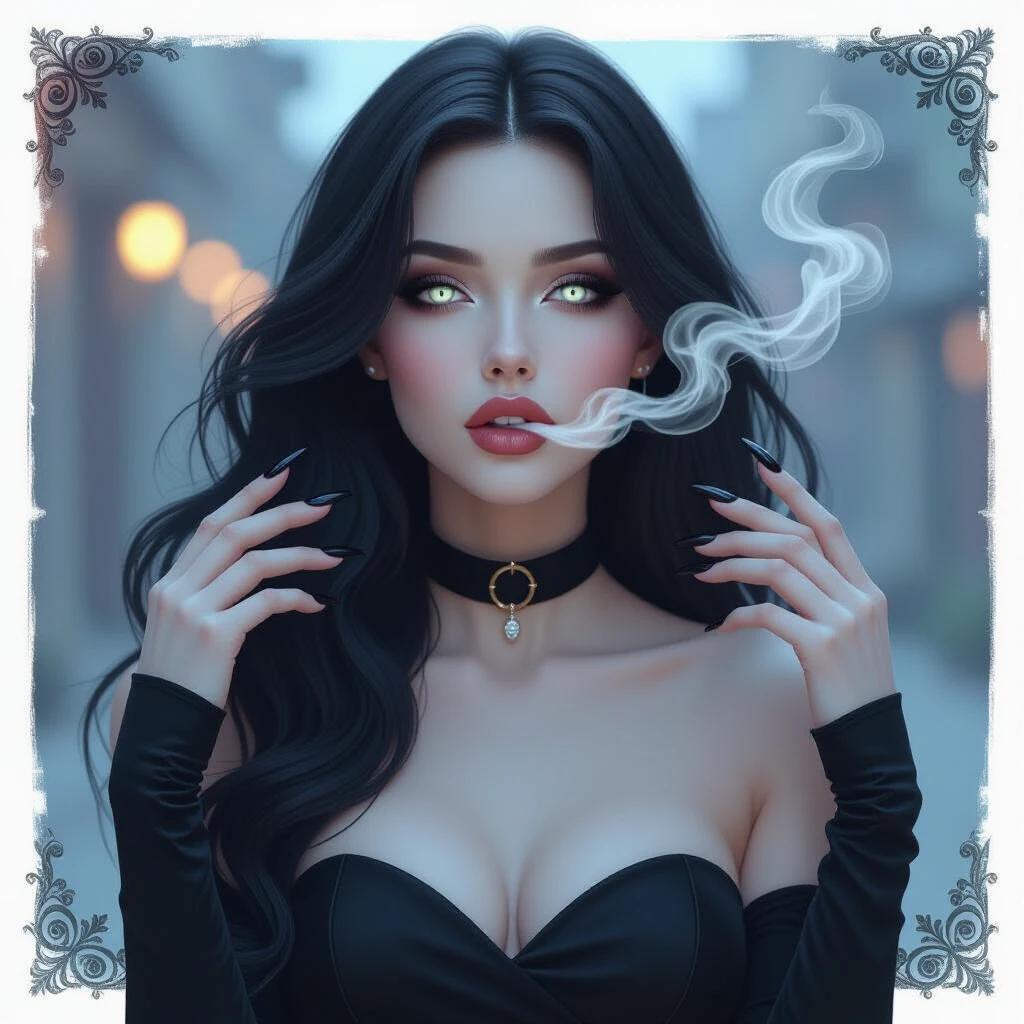 Full body shot of a pale woman with long wavy black hair. She has glowing white eyes, slightly open mouth exhaling whitish smoke. Wearing black strapless dress and tight black choker. Pale hands with elongated black nails near her face. Digital rendering transparent background.