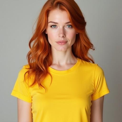 A portrait of a woman with vibrant red hair wearing a bright yellow t-shirt. The woman is centered in the frame with a full head and chest view. She is making direct eye contact. The hair is styled neatly with soft lighting in the background. The image captures realistic skin texture.