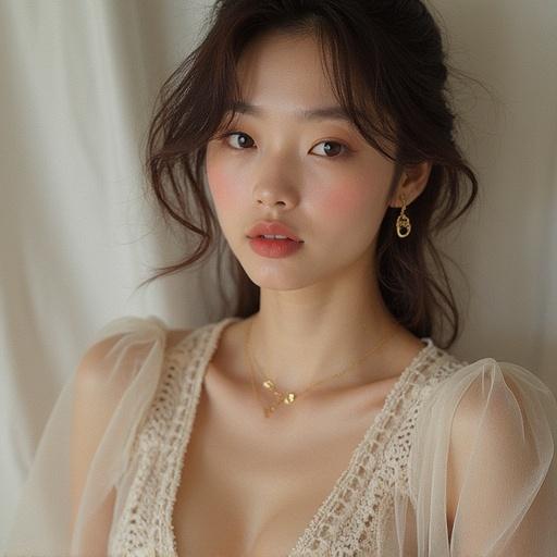 A portrait of a beautiful woman. She has long, straight brown hair and almond-shaped eyes. Wearing soft makeup. Elegant jewelry enhances her appearance. The expression is warm and inviting.