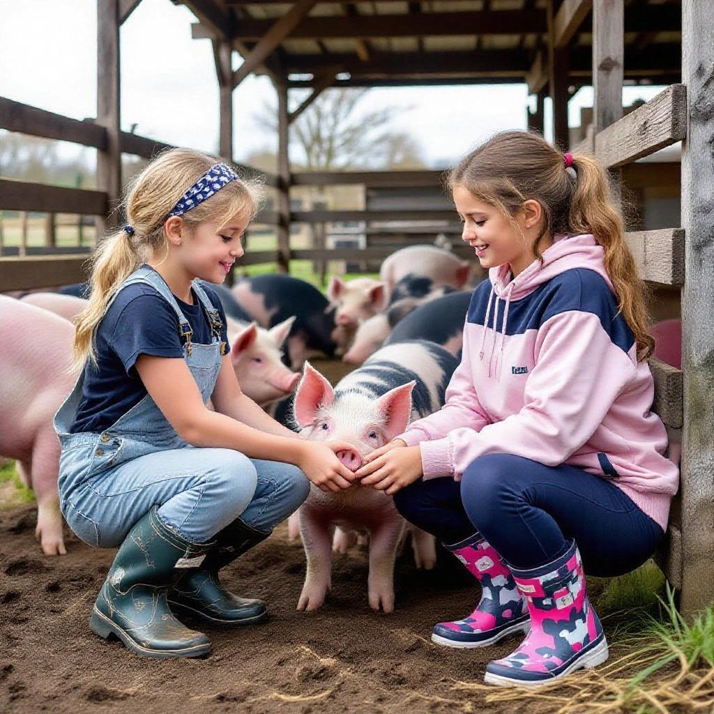 Two girls on a farm feeding pigs in a sty. Muddy boots add to rural feel. One girl in overalls. Another girl in a tracksuit. Both girls smiling and interacting with pigs.