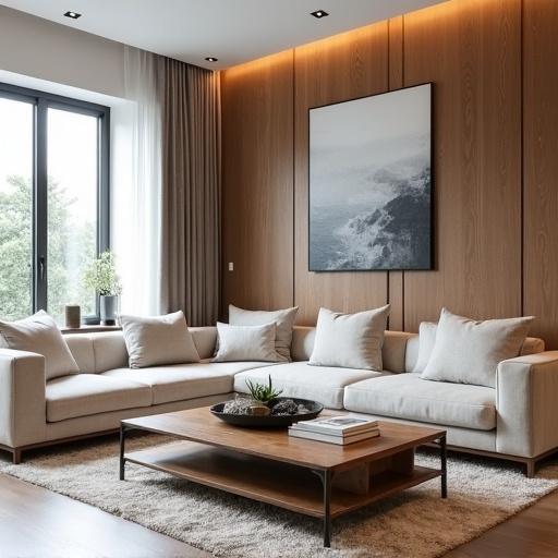 Modern living room featuring a comfortable sofa and coffee table with a minimalist design.