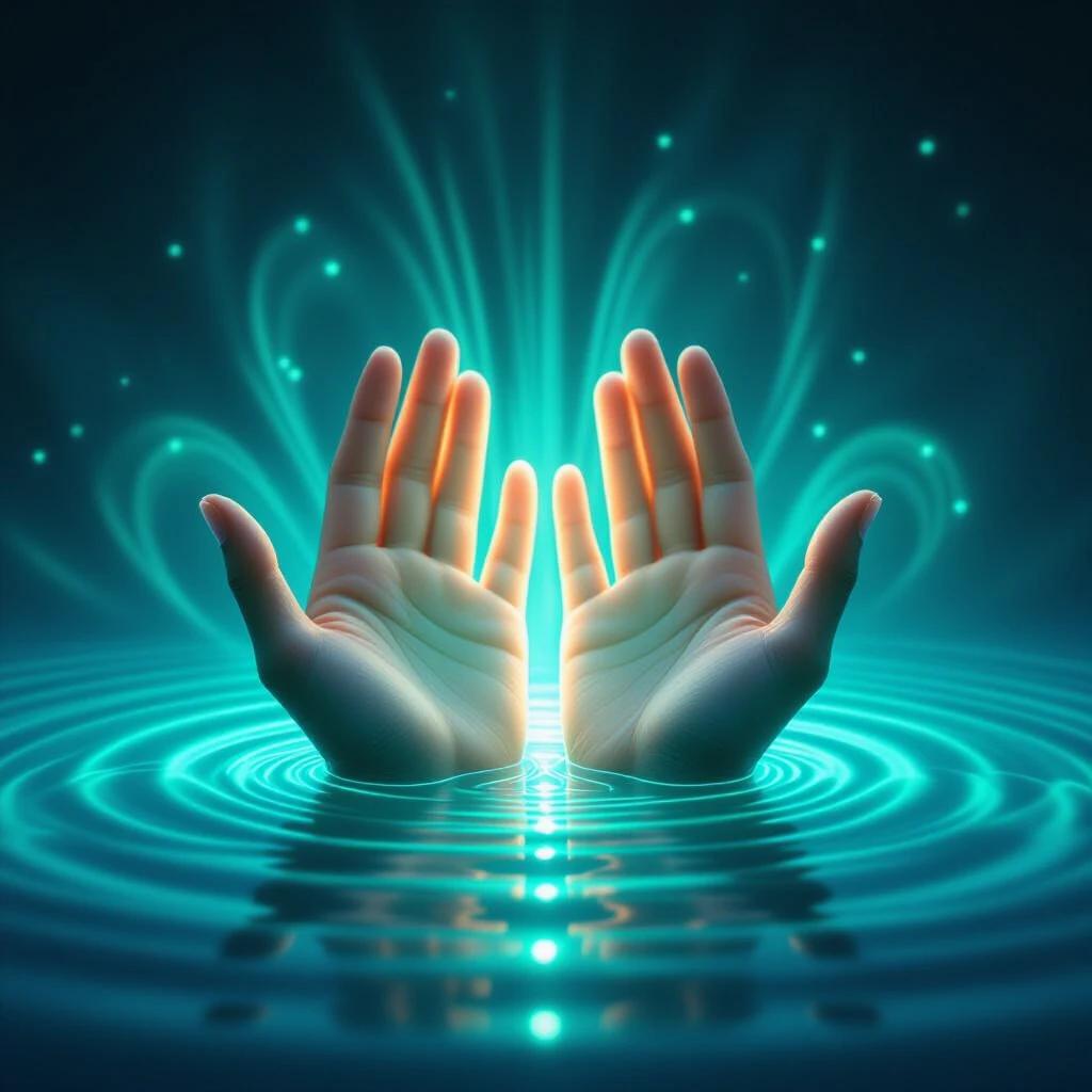 Hands glow with gentle green and turquoise light. Light waves radiate peacefully like ripples in water. Image evokes a serene and surreal atmosphere.