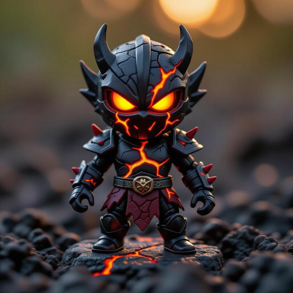 Vintage 2008 Gormiti Prima Serie action figure from Popolo del Vulcano tribe. 6 cm tall PVC collectible features rugged volcanic armor. Color scheme includes molten lava red and magma black. Details include glowing orange fissures and obsidian spikes. Figure possesses fiery glowing eyes. Stands on charred rock base with lava veins. Soft studio lighting creates a nostalgic toy scene. Shot with a 35 mm macro lens and shallow depth of field, showcasing slight plastic sheen.