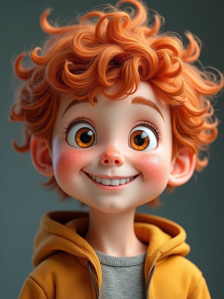 A young child with bright red hair and freckles. The child radiates positive energy and is wearing a cozy yellow hoodie. The background is softly lit giving a cheerful atmosphere.