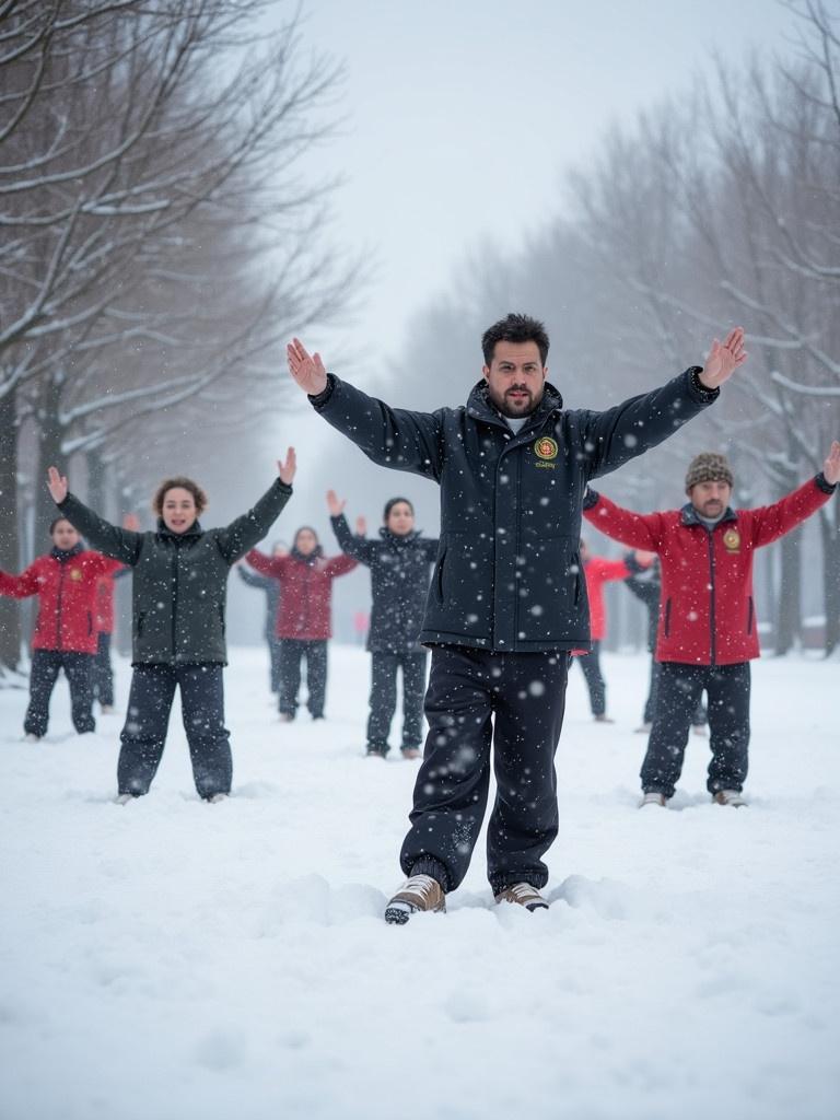 Group of people practicing tai chi in a snowy environment. Exercise promotes relaxation. Participants of different ethnicities are present. Snowflakes falling create a serene atmosphere.