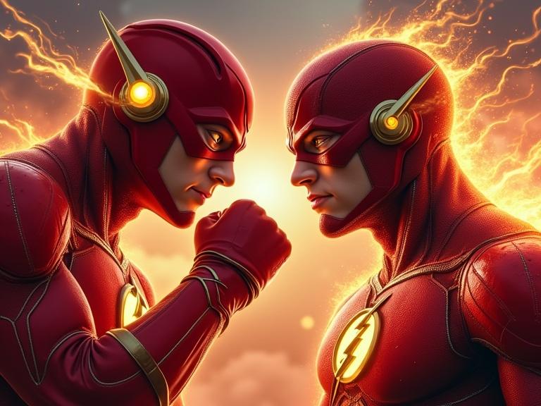 Two characters dressed as The Flash face each other in fighting stances. Bright flames and a dramatic background create intensity. The heroic costumes are detailed, emphasizing their unique features. The setting suggests a climactic moment between them.