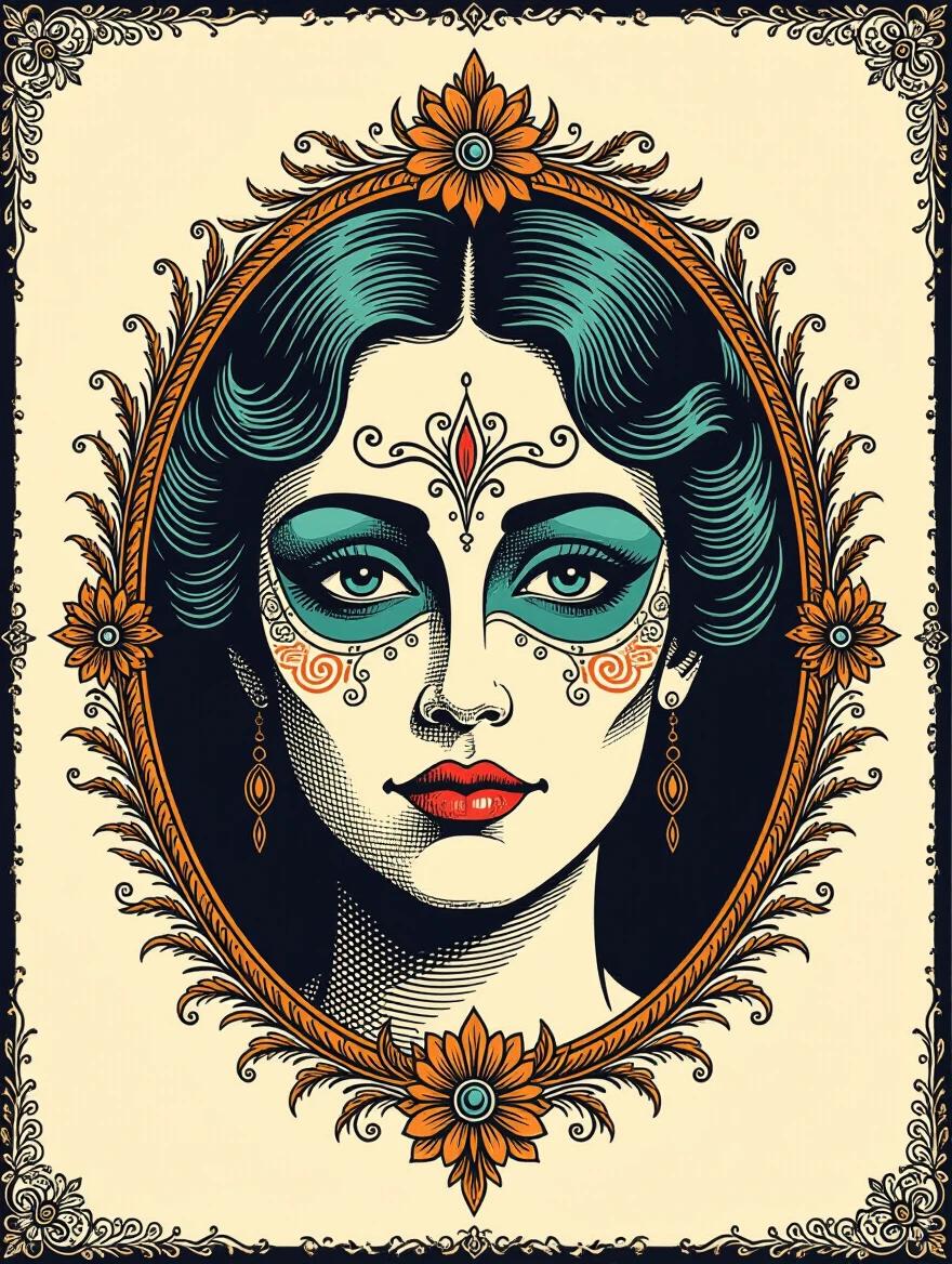 A beautifully illustrated woman with turquoise hair and bold face paint framed by ornate floral designs.