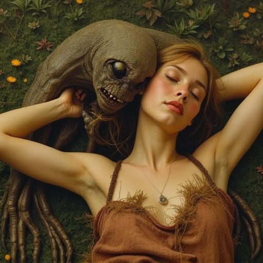 Beautiful Slavic tribal woman sleeping with arms behind her head beside a friendly alien monster. The alien protects her in a meadow. Long messy blonde hair, sweaty shiny skin, wearing tattered loincloth.
