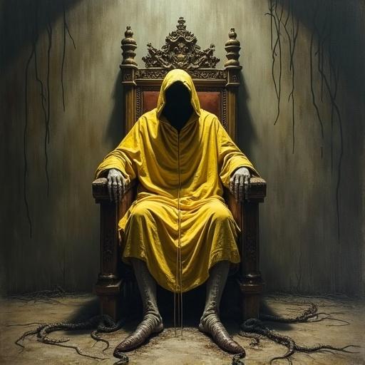 A haunting oil painting from the 1920s Prohibition era. A highly detailed, hyper-realistic illustration of a faceless king draped in tattered yellow robes. He sits slumped on a decaying throne, wooden and rotten. His void-filled hood casts long shadows. A tarnished crown rests on his head. The king's legs are tentacles, writhing and slimy, absorbing the light of the shadowy throne room. The setting is Carcosa, a nightmare-like landscape with dripping walls. Dark oil substances hang in the air. Dust motes dance in unnatural light. The scene has a sinister energy, a visual representation of decay, horror, and unease. The painting features gritty brushstrokes and intricate textures, capturing the essence of Lovecraftian horror.