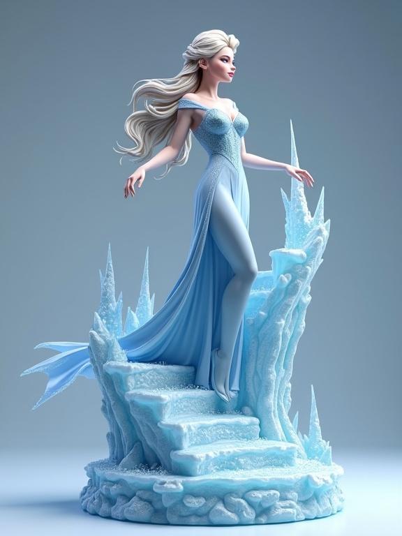 Resin statue inspired by Elsa from Frozen in a sensual adult version. Figure climbs an ice staircase with intricately carved irregular steps. Stalactites and sharp ice crystals emerge from the base. Elsa poses elegantly castings ice magic. She wears a long, translucent ice-blue dress. Hair flows back.
