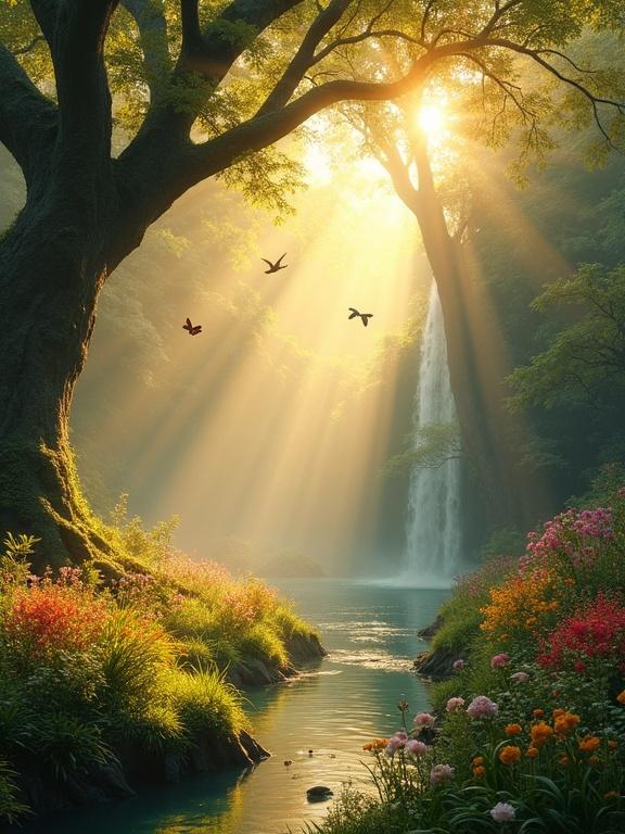 Hyper-realistic cinematic landscape of the Garden of Eden at dawn. Lush vibrant nature with golden sunlight through trees filled with dew. Ethereal atmosphere with exotic flowers blooming and crystal-clear rivers. Mist floats over grass. Birds fly in the sky. Ancient trees rise toward the sky with glowing leaves. Waterfalls in the distance create misty spray. Rays of sunlight shine through foliage. Cinematic lens flare and natural volumetric lighting.