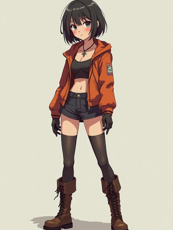 Anime style character in an orange jacket and boots. Full body pose showing off stylish outfit. Emphasizes trendy urban fashion.
