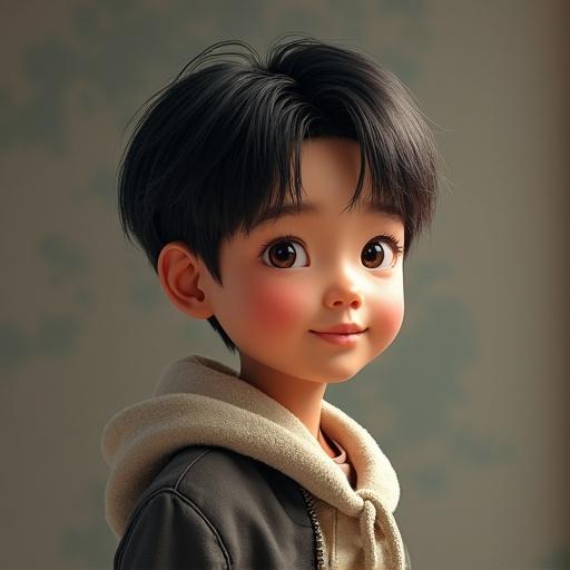Cute realistic illustration of a young Asian boy with short black hair wearing a hoodie. Expression is joyful and engaging. Background is soft and blurred to focus on the boy.