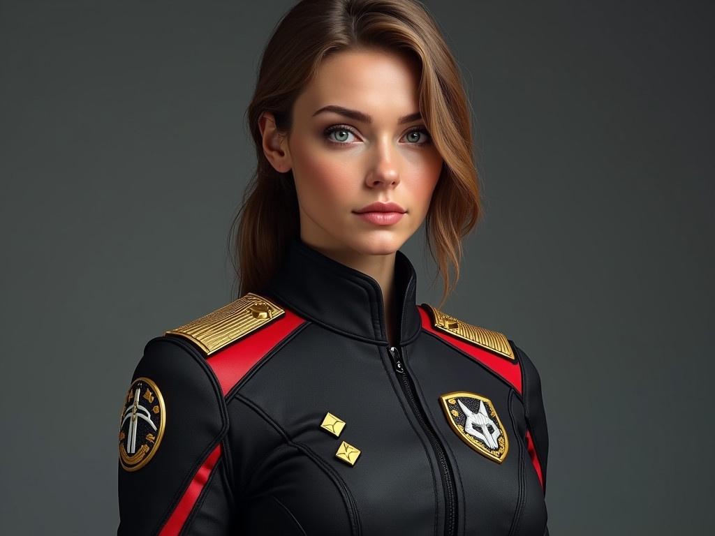 The image features a realistic, athletic 35-year-old woman who is tall with sandy brown hair, darker eyebrows, and blue-green eyes. She wears a sci-fi military uniform that is black, crafted from a tough synthetic fabric. The design includes a prominent red stripe that separates the top of her padded shoulders from the chest and back, with red sidings on the jacket's torso and red stripes near the wrist cuffs. The uniform consists of a jacket layered over a white knit shirt with a flat collar and comfortable pants, ensuring a practical fit. On her left shoulder, there's a round patch featuring a white sword over a gold shield against a red background, while the right shoulder displays a round patch with a three-headed gray wolf over a gold shield with broken golden crescents on a black background. For rank indication, four small gold diamonds are visible side-by-side on her left breast, denoting her as a Captain, complemented by a gold shield-shaped comm badge with a white sword on her right breast.