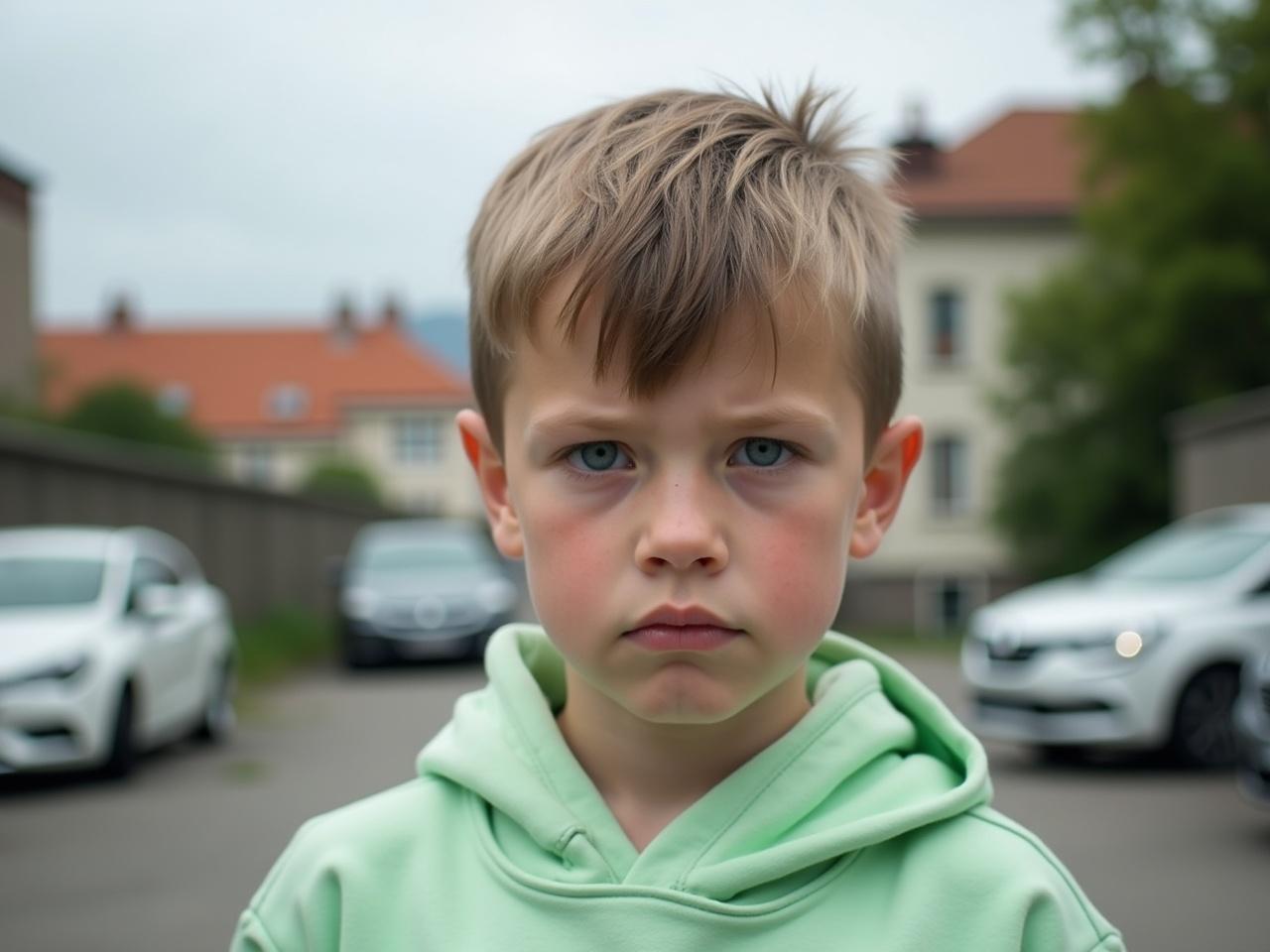 The image shows a young boy with a serious expression. He has short, neatly styled hair and is wearing a light green hoodie. In the background, there are buildings and some greenery, indicating an urban setting. The boy's blue eyes are striking and convey a sense of determination. The atmosphere appears calm yet slightly cloudy, suggesting it might be a cool day. There are cars visible in the background, enhancing the urban vibe of the scene.