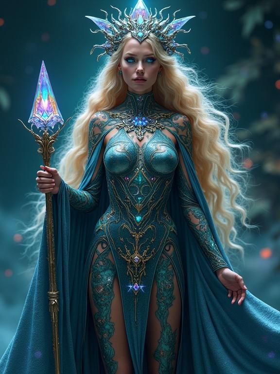 Full-body shot of a cosmic guardian woman. She stands majestically facing the camera. Golden teal hair cascades in shimmering waves. Iridescent silver reflects light like a prism. Ethereal face with bright blue eyes resembling galaxies. Obsidian complexion with starry specks. Draped in futuristic robes flowing like liquid metal to delicate feet in boots. Intricate tattoos pulse with colors reflecting mood. Cloak with floating symbols and runes. Crystalline scepter emits warm light with gemstones. Crown features shifting color gemstones. The overall effect commands respect and embodies beauty.