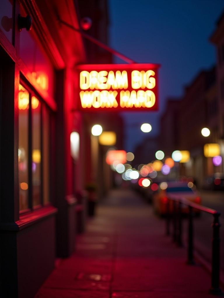 Night scene with neon sign that reads 'DREAM BIG WORK HARD'. Street is softly lit with warm colors. Background has blurred lights and distant architecture. Focus on glowing sign. Create cozy romantic atmosphere with soft lighting and bokeh effects.