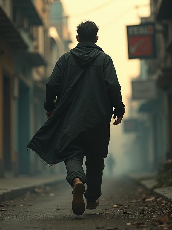 Photorealistic image of a modern Latin man evoking a sense of adventure and mystery. He is running away while looking back from the camera. The scene creates a sense of dread and terror.