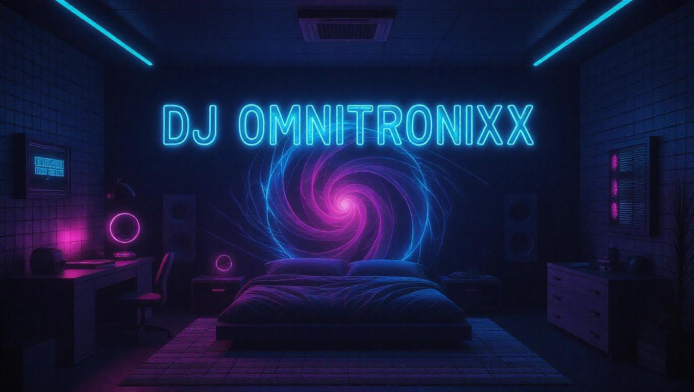 Artistic dark neon bedroom on an album cover. Features text in futuristic writing: DJ Omnitronixx and Vortex. Neon colors create an immersive environment.