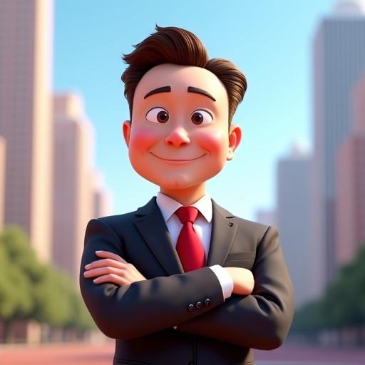 Pixar-style 3D animated character inspired by Elon Musk. Character features distinct hairstyle. Character has expressive eyes and confident pose. Character wears business suit with red tie. Background is bright cartoon version of American cityscape or presidential office. Scene has playful and humorous tone with soft lighting.