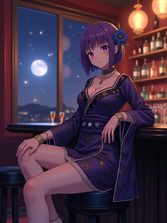 Anime rendering of a young Japanese woman seated at the bar. She has violet bob hair and violet eyes. She wears a dark violet kimono with gold and silver wave patterns. The background features a cozy bar with liquor bottles and warm lighting. A moonlit night sky is visible through a large window. The scene conveys elegance and tranquility.