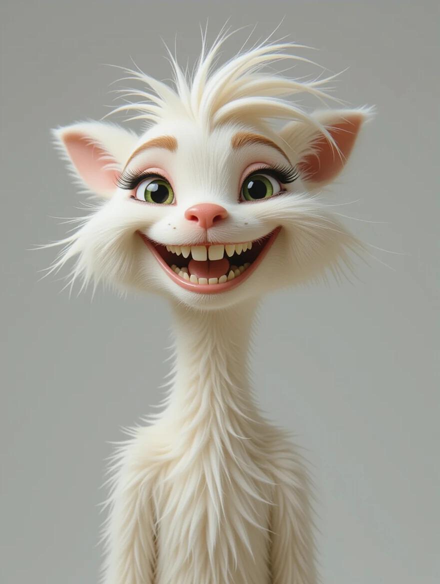 A joyful creature with long fur and a funny smile dances on a marble floor. The background is warm with soft lighting. The creature has big eyes and fluffy hair, showcasing a vibrant personality.