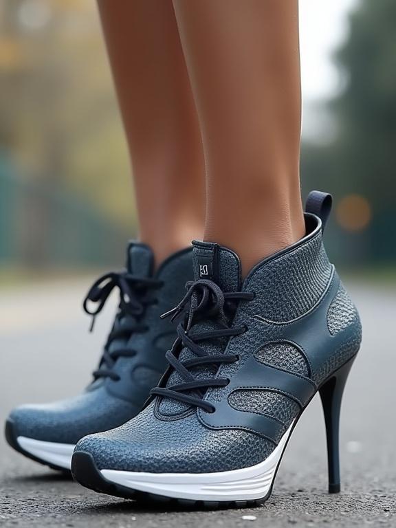 Pair of stylish sporty running shoes with stiletto heels. Footwear designed for fashion and comfort. Ideal for trendy outfits. Combination of athletic and elegant styles.