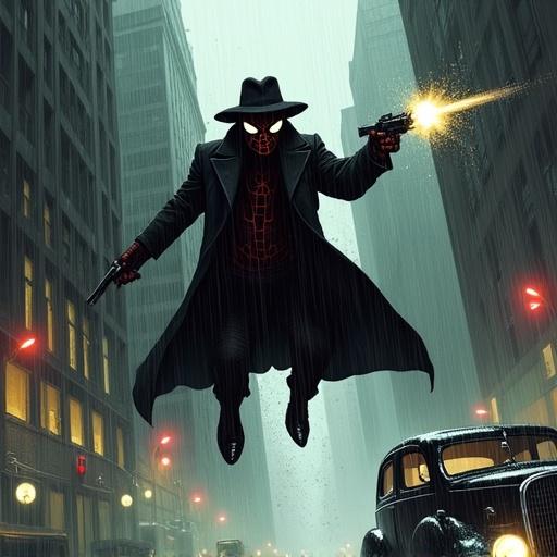 Scene captures an urban environment drenched in rain with a gritty noir aesthetic. Masked figure dressed in a long black coat and wide-brimmed hat leaps through the air brandishing a firearm. Character embodies spider-like agility mixed with classic detective traits. Distinctive web patterns visible. Surrounding tall buildings slicked with rain under moody lighting casting dramatic shadows. Predominantly monochrome palette with muted color splashes enhances tense mood. Composition features low angle perspective to heighten urgency. Raindrops fall visibly contributing to scene's energy. Old-fashioned car in blurred backdrop.