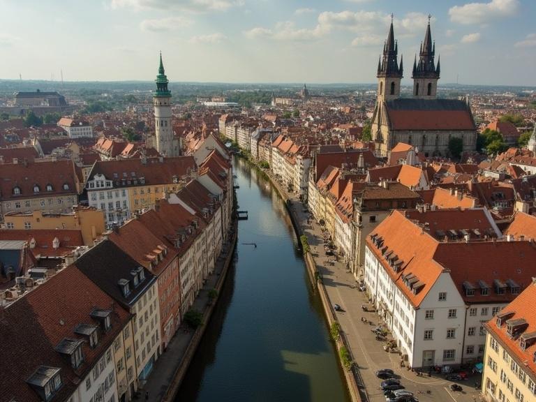 Aerial view of Erfurt showcasing the city layout, historical buildings, and the river flowing through. Dominance of red-roofed houses and prominent church structures. Bright daytime atmosphere with minimal clouds. Perfect for illustrations related to travel and history.