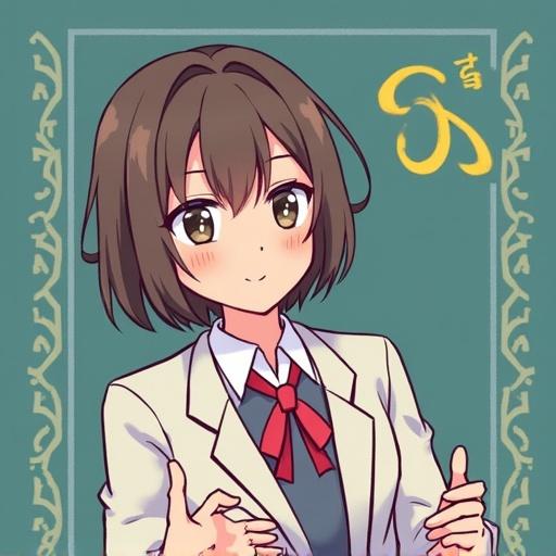 Anime style female elf character design. Portray a young girl with short brown hair wearing a school uniform. Include a soft green background with decorative elements.