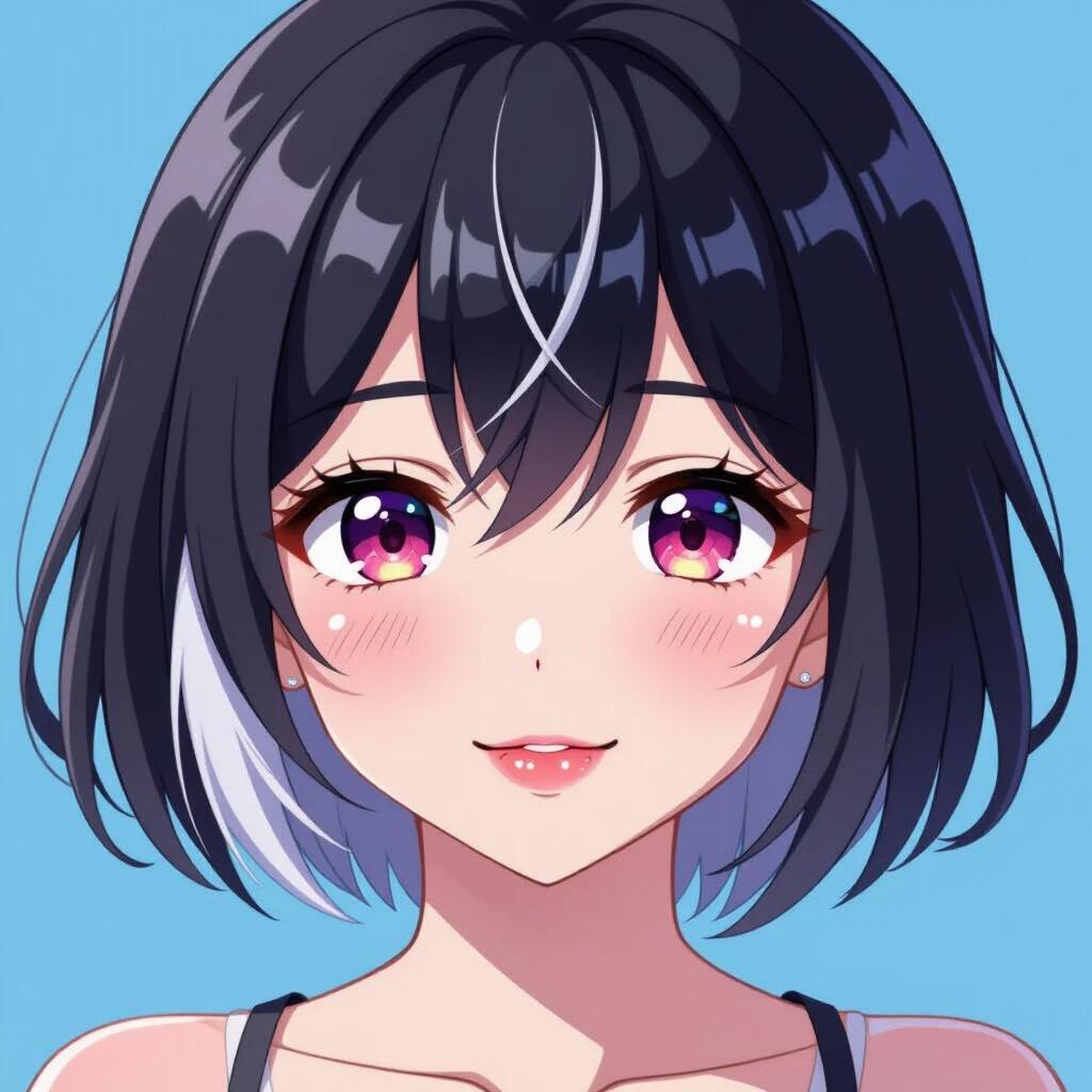 Anime girl with short black hair and white highlights on the bottom half. Hair strands framing face. Red eyes and a smile. Wearing lip gloss. Under-eye bags present.