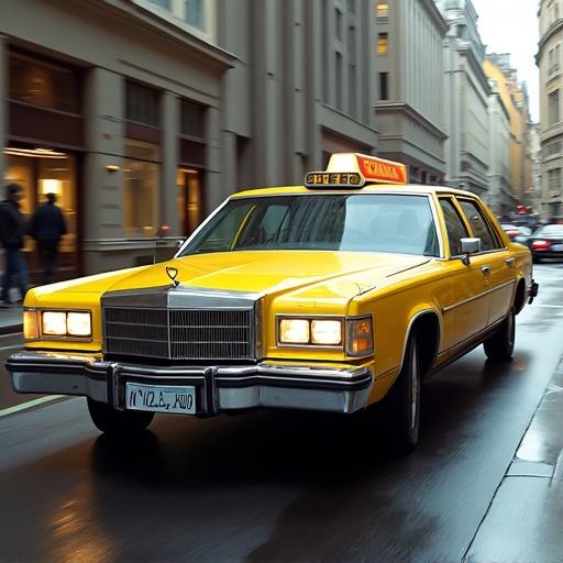 A vibrant yellow limousine drives through a city street. The car shines with a polished exterior. The street is wet with reflections. People are walking nearby. Tall buildings line the street.