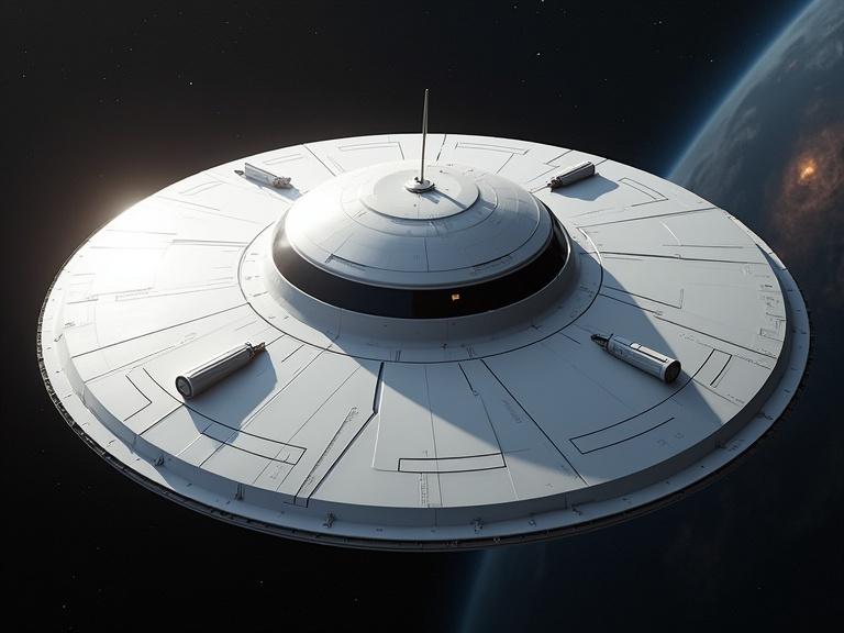 A large-scale sleek white UFO base ship in space. The ship is circular and has a diameter of 1000 feet. It features smooth edges and three sections. Tiny long sleek windows are visible. The hull has a curvy organic texture. A planet's atmosphere can be seen in the background with shadows. The image is highly detailed and realistic in 4k quality.