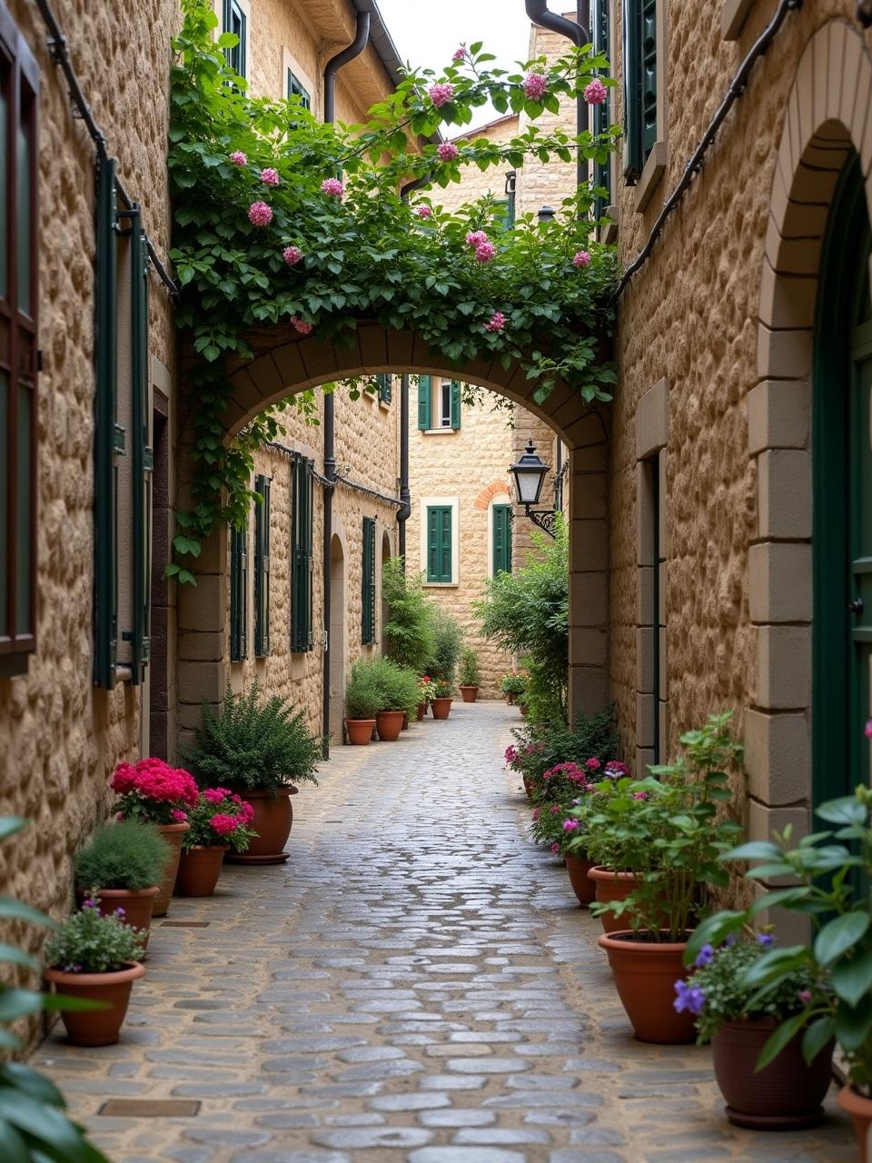 Narrow picturesque alleyway in a Mediterranean village. Alley paved with cobblestones. Old stone buildings with wooden shutters. Green-painted doors line the sides. Potted plants and flowers along the alley. Pink flowers growing over an archway. Curved path leading deeper into the scene. Atmosphere is quaint and peaceful.