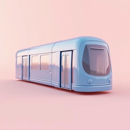 3D glass style tram on a simple solid color background with a glassy effect