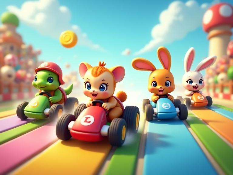 Cute baby animal characters racing in colorful karts. Baby turtle in a green kart. Baby mouse in a red kart. Baby cat in a pink kart. Baby dog in a blue kart. Baby bunny in a yellow kart. Vibrant race track with rainbow roads. Floating coins and power-up boxes. Cheering crowd of cute animals. Bright lighting and playful atmosphere.