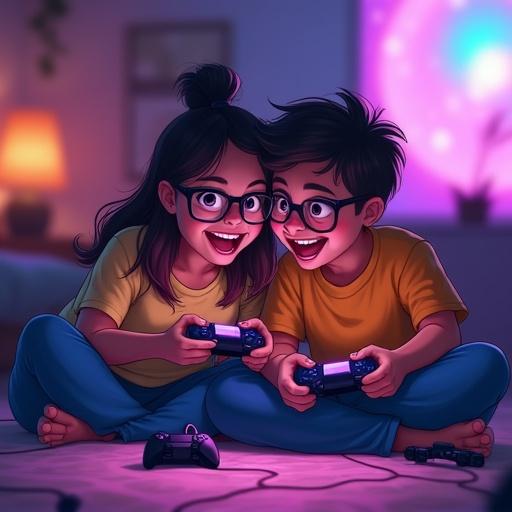 Animated representation of a mother and her child playing video games together. They sit on a carpeted floor in a cozy living room. The scene portrays a happy and heartwarming moment. They hold PS5 controllers. The background glows with colorful lights from the game console.
