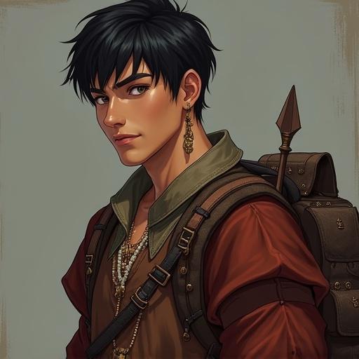 Male character in medieval fantasy attire. Six feet tall. Dark hair with side-swept fringe. Honey skin tone. Hazel almond eyes. Wearing beaded necklace and medieval backpack. Funny and protective personality with hidden emotions.