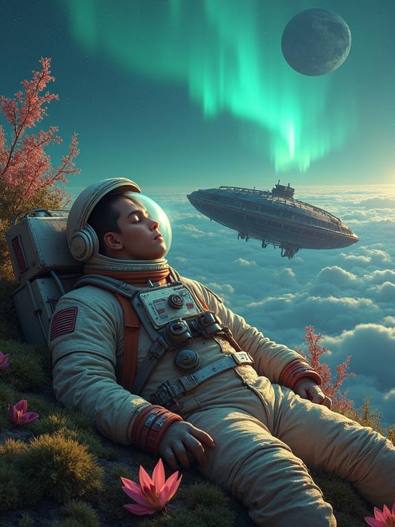 Sleeping astronaut in orbit with creatures of light around. Dream garden of antimatter flowers. Rusted ship in background. Northern lights in sky reflecting dreams on clouds of Venus.
