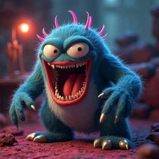 A cute monster with bright blue fur and pink features. The monster has fangs and large expressive eyes. A playful and whimsical vibe is present in the design. The background suggests a fantastical setting.
